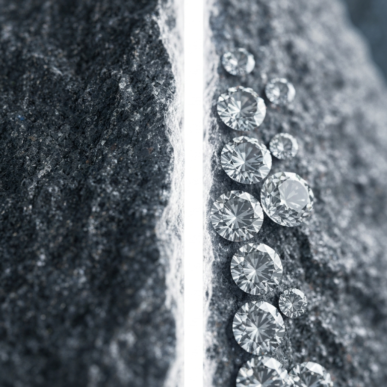 Diamants émergeant d’une pierre fendue par une lumière verticale, symbolisant la transformation intérieure des atypiques
